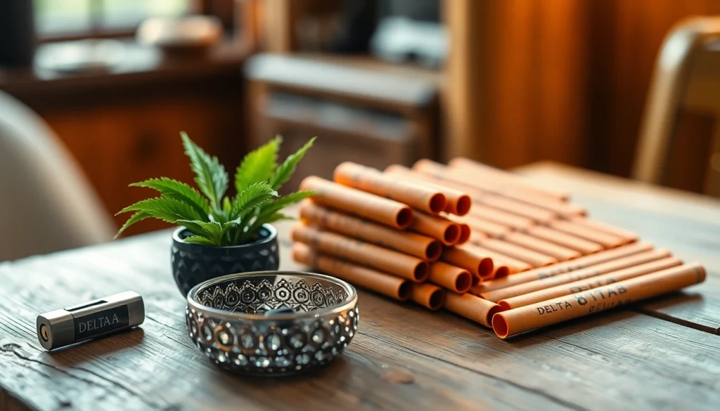 Engaging display of delta 8 prerolls on wooden table, highlighting vibrant pre-rolled cones.