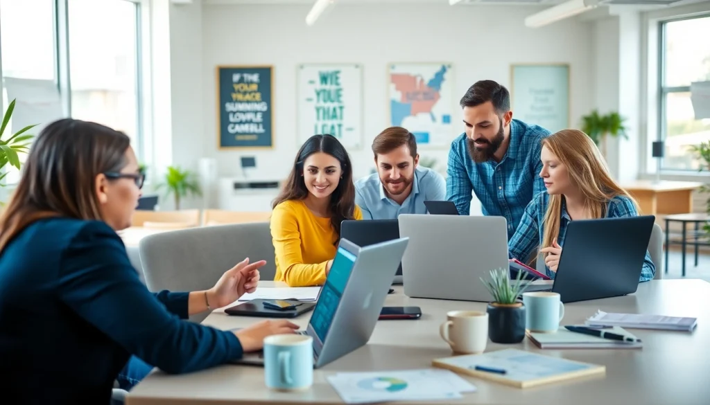 Team collaborating on remote quality assurance jobs in a modern office.