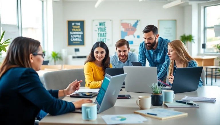 Team collaborating on remote quality assurance jobs in a modern office.