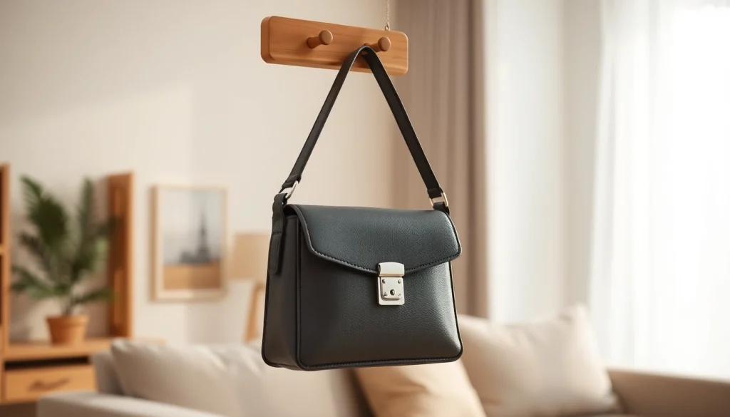 Handy Tasche abschließbar, sicher und stilvoll an einem modernen Holz-Haken aufgehängt.