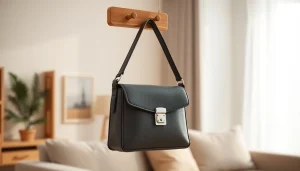 Handy Tasche abschließbar, sicher und stilvoll an einem modernen Holz-Haken aufgehängt.