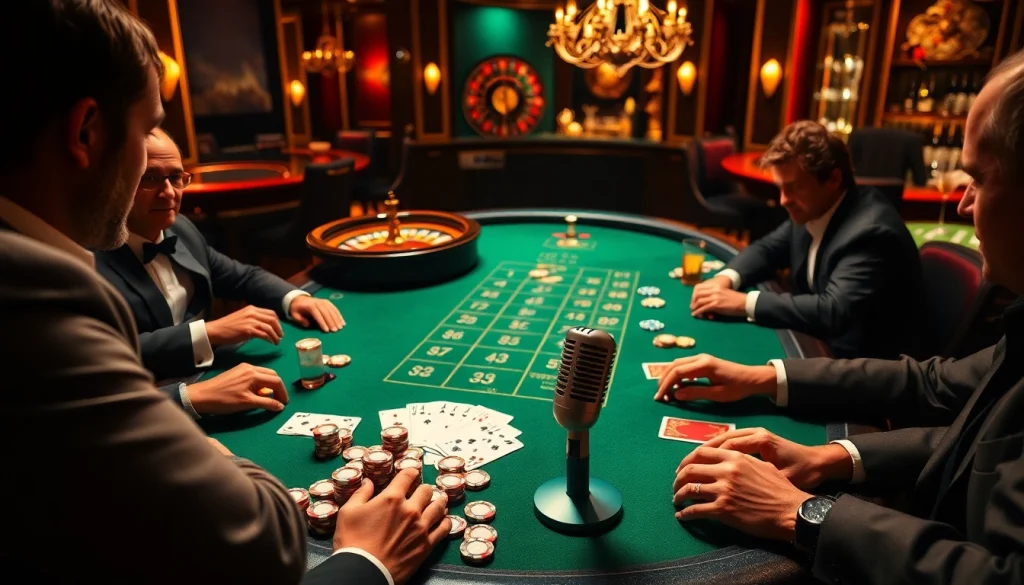 Engaged players at a high-stakes poker table in a luxurious casino, featuring MV 88 microphone for professional sound.