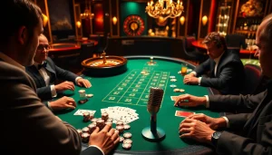 Engaged players at a high-stakes poker table in a luxurious casino, featuring MV 88 microphone for professional sound.