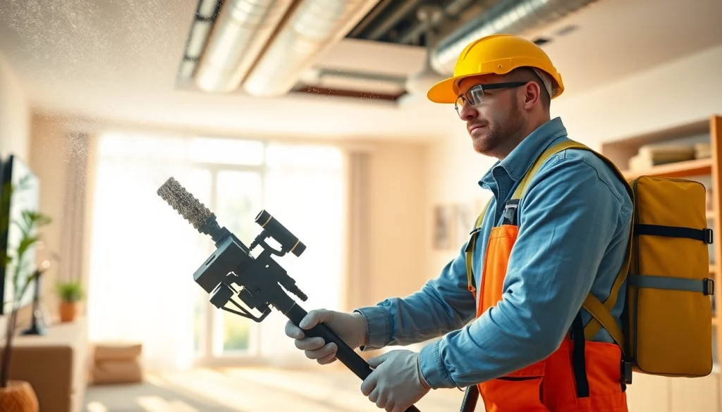 HVAC cleaning technician using advanced equipment to clean air ducts, enhancing indoor air quality.