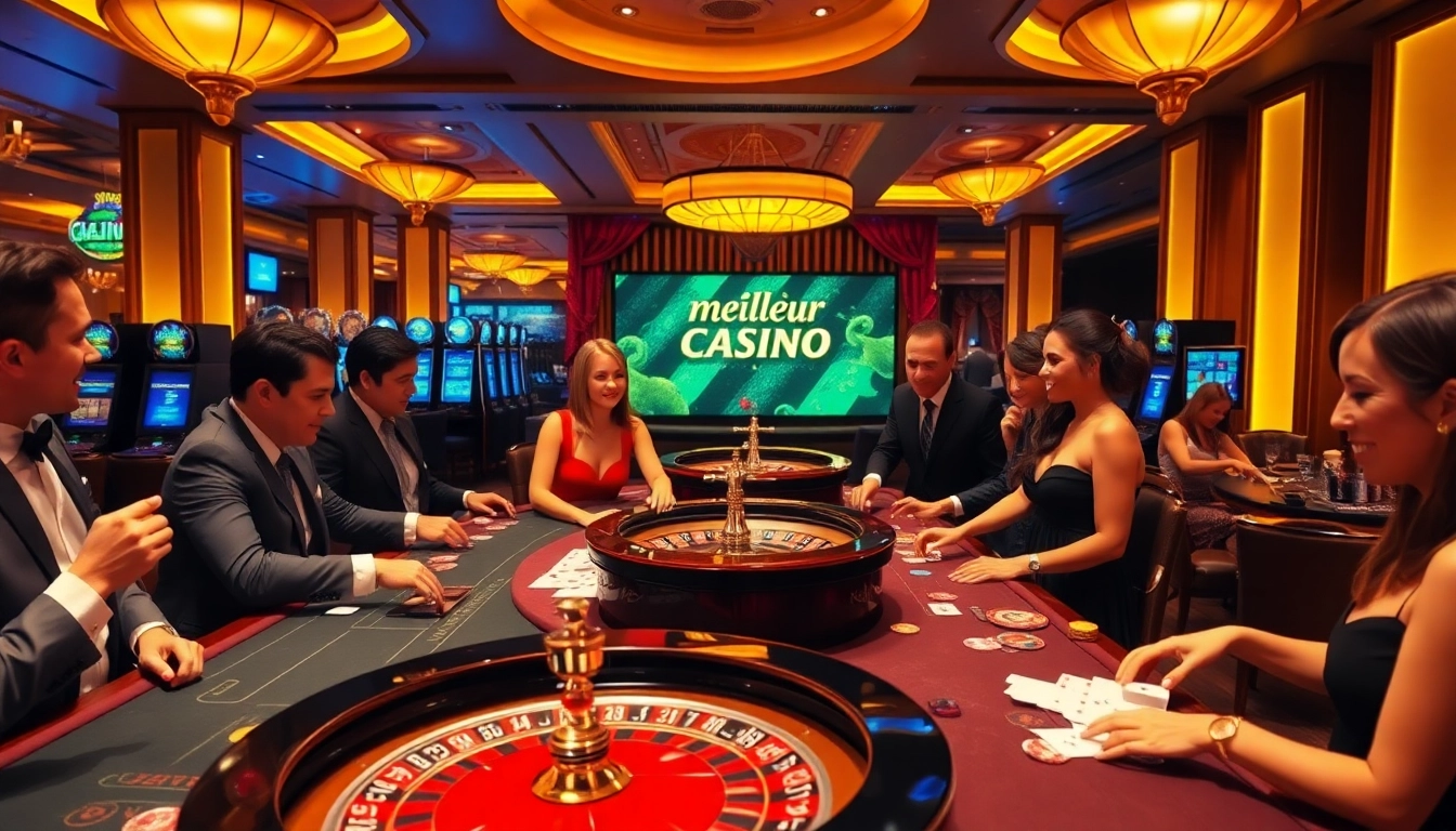Vivez l'excitation du meilleur casino en ligne avec des joueurs profitant de divers jeux et d'une décoration de casino vibrante.