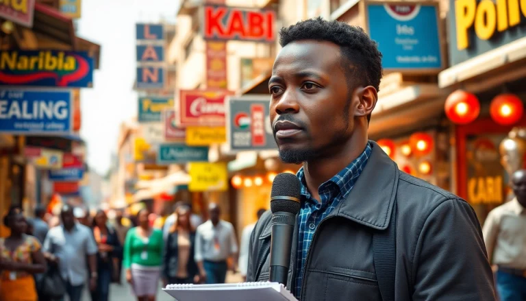 Capture Kenya News moments featuring a reporter interacting with a lively street scene.