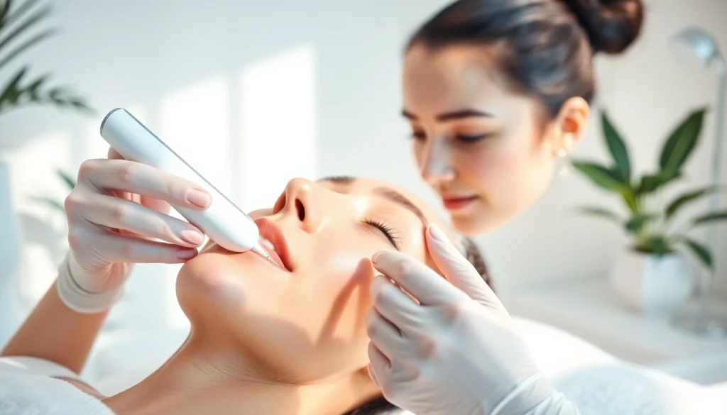 facial whitening instrument manual demonstrated by a therapist in a serene spa setting