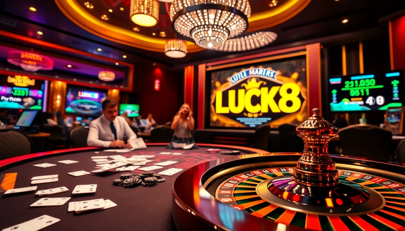 LUCK8 showcases thrilling online gambling with professional players at a vibrant casino table.