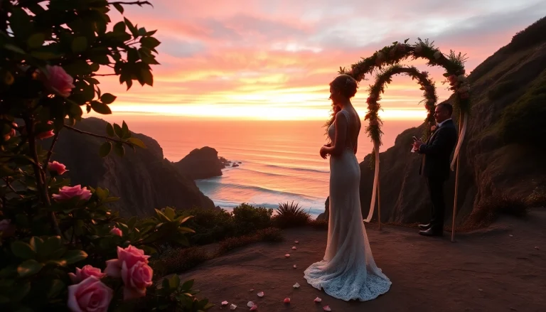 Big Sur wedding photographer beautifully capturing a romantic sunset ceremony on a cliff.