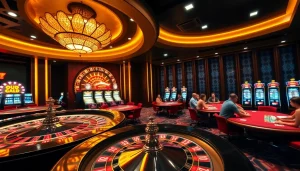 LUCK8 casino scene with poker tables, roulette wheel, and vibrant chips enhancing the gaming experience.