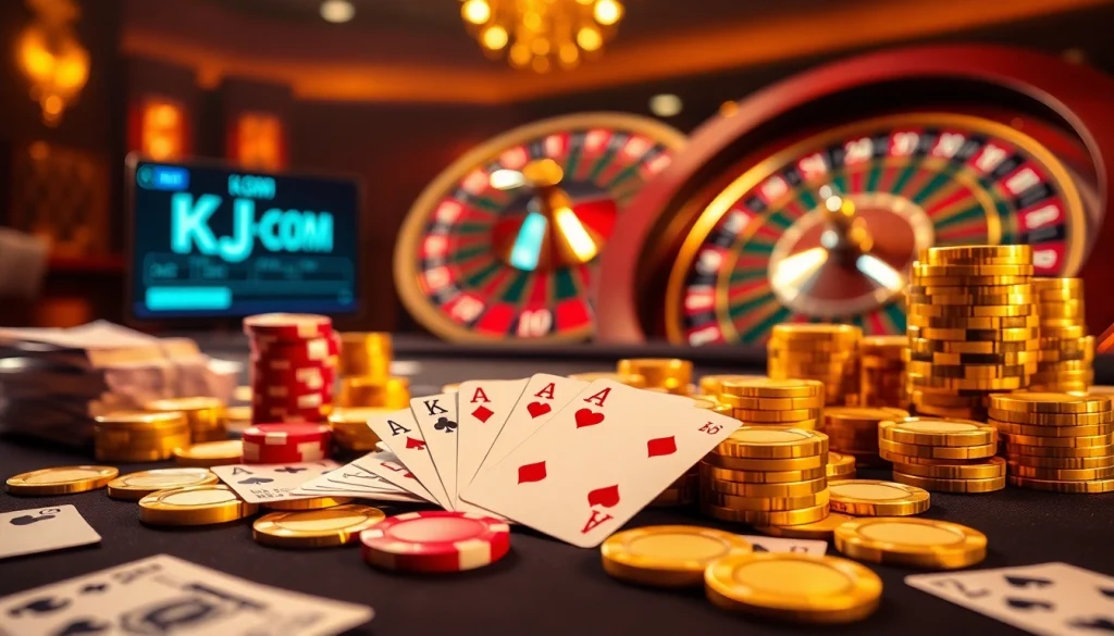 Experience high-stakes gambling at KJC COM with an elegant poker table adorned with cards and chips.