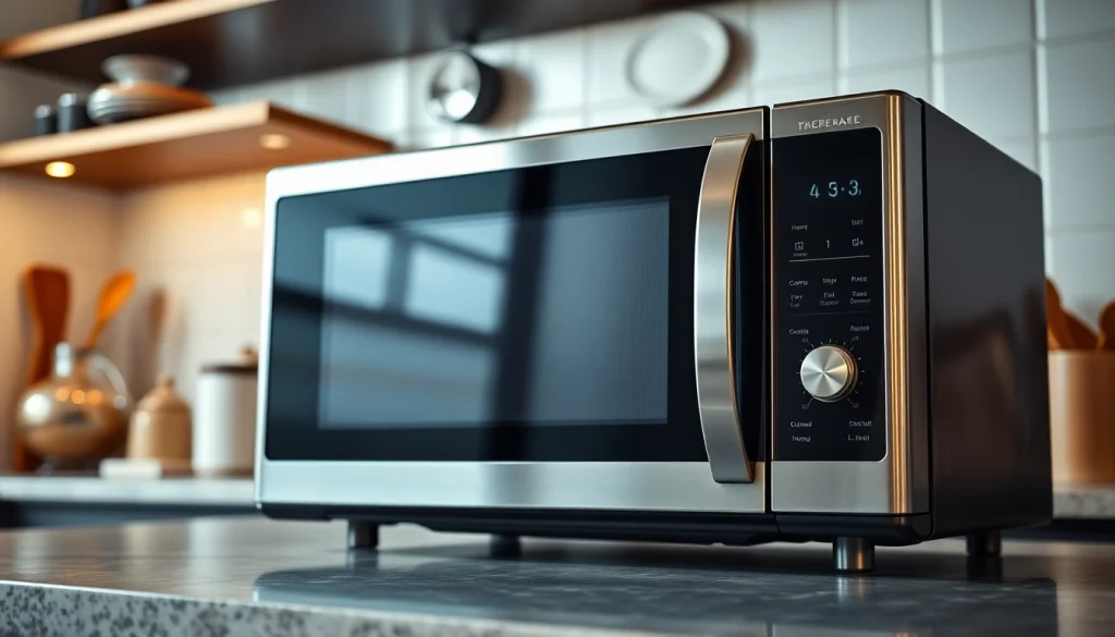 Engaging microwave oven sales display showcasing a modern appliance with a sleek design.