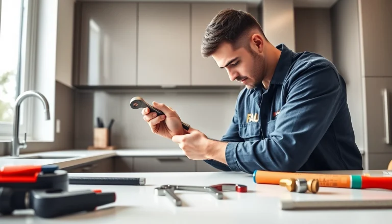 Plumber installing pipes in a modern kitchen with bright lighting and professional tools.