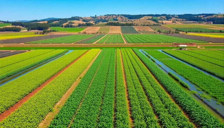 Landscape illustrating land irrigation with vibrant crops and effective water systems.