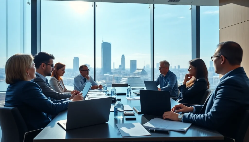 Investors discussing the benefits of a Luxembourg holding company in a modern office setting.