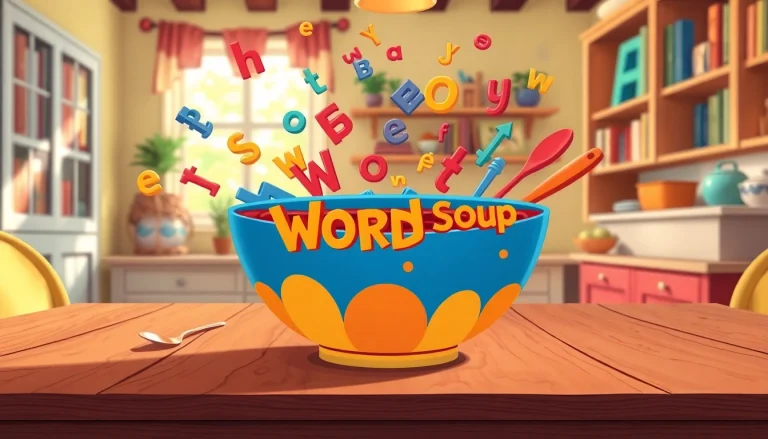 A colorful bowl of Word Soup filled with swirling letters and words, capturing a playful and creative atmosphere.