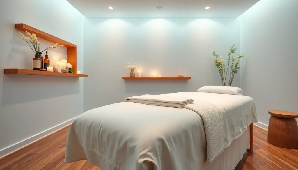 편안한 분위기와 부드러운 조명이 있는 마사지 치료실.
