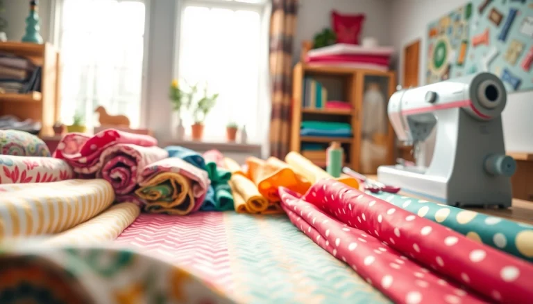 Katoenen stof per meter in verschillende kleuren en patronen op een naaitafel met creatieve materialen.