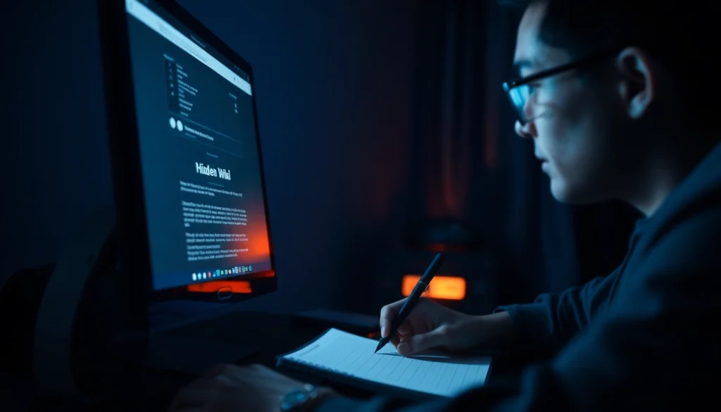 The hidden wiki tor showcased on a user's screen in a dimly lit room, emphasizing exploration and online safety.