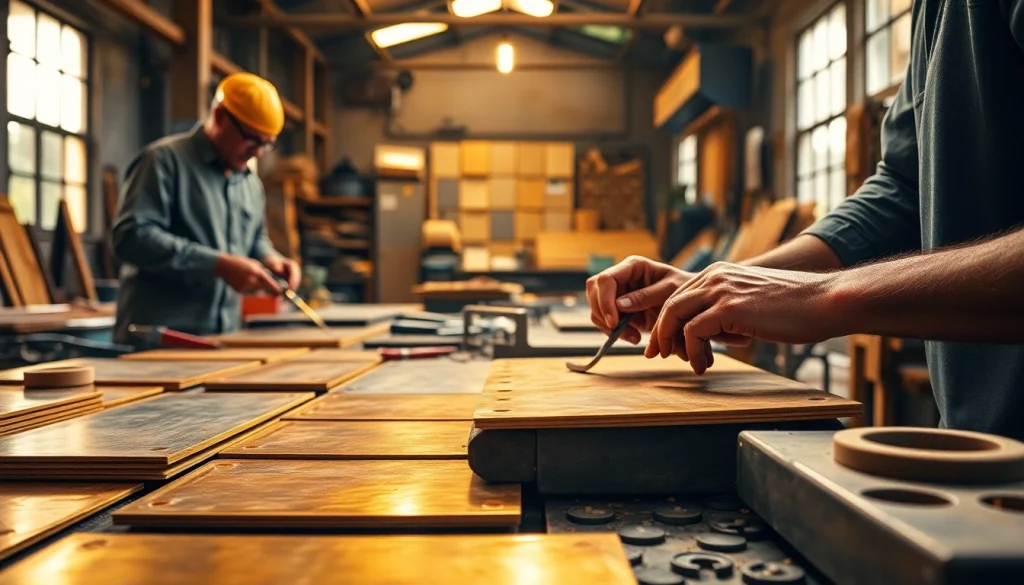 Artizani lucrând tabla alama într-un mediu vibrant de atelier evidențiind nuanțe de alamă aurie.