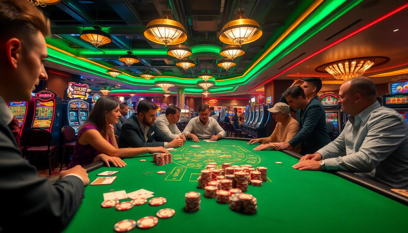 Menangani permainan poker di ibet44 dengan suasana kasino yang ramai dan berwarna.