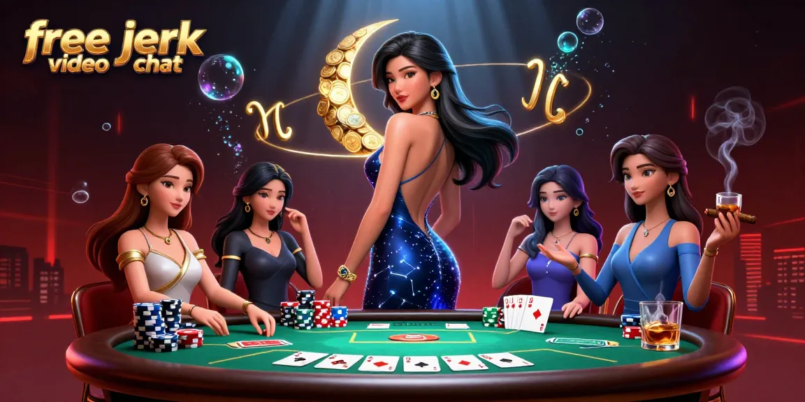 Engage in free jerk video chat with verified users in a dynamic poker-themed scene.