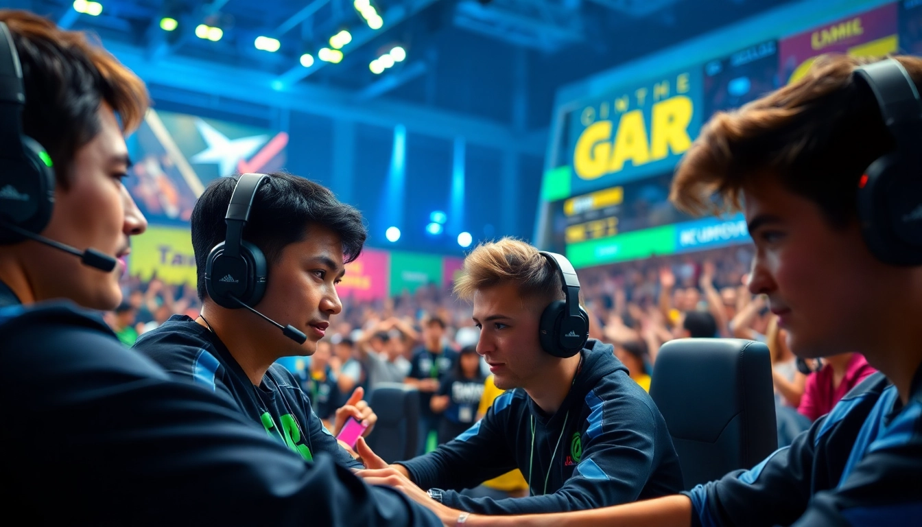 Players competing in daman games in a thrilling esports environment with vibrant lighting.