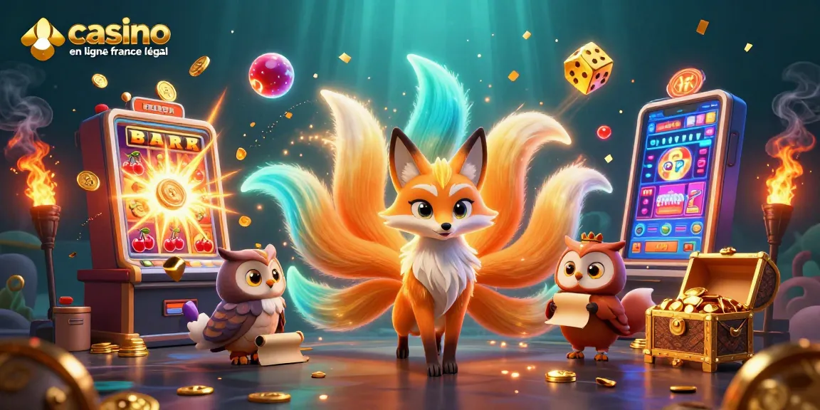 Jouer sur un casino en ligne légal en France avec l’esprit à neuf queues et un hibou sage illuminés de couleurs.