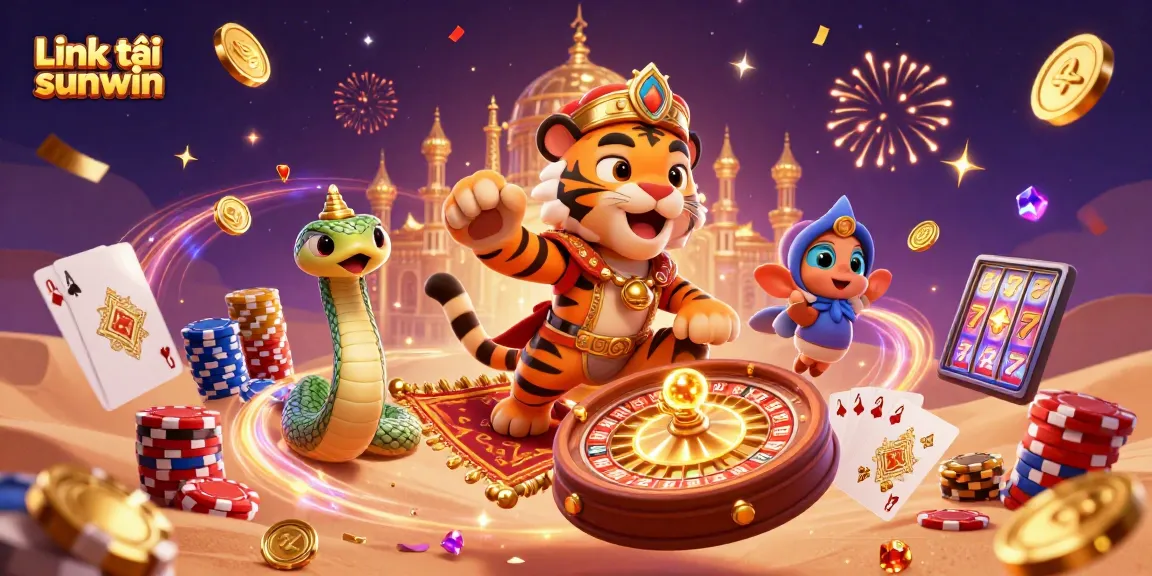 Play thrilling games with the official Link tải sunwin, featuring vibrant casino scenes and characters.