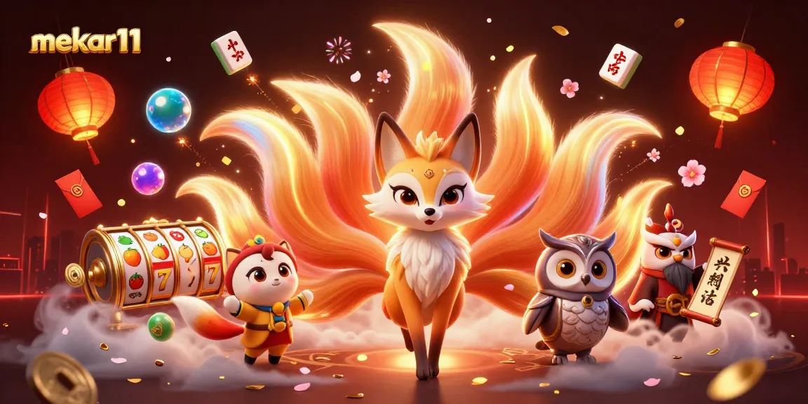 Mekar11 showcases a vibrant casino scene featuring a nine-tailed fox spirit and slot reels in dynamic action.