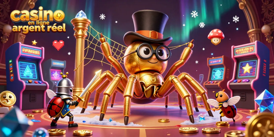 Visualisez le casino en ligne argent réel avec une illustration 3D de personnages colorés et de machines lumineuses