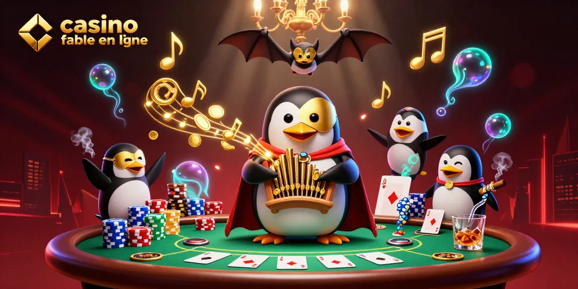 Casino fiable en ligne : illustration dynamique d'un pingouin jouant au poker entouré de pièces d'or.