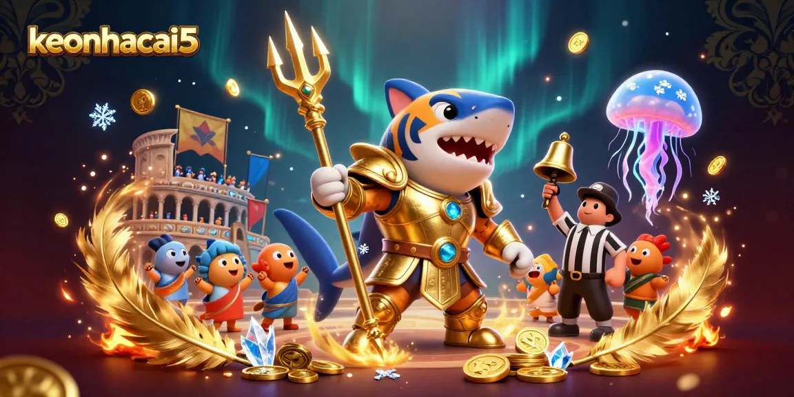 Engage with keonhacai5's thrilling underwater betting extravaganza featuring an armored tiger shark.