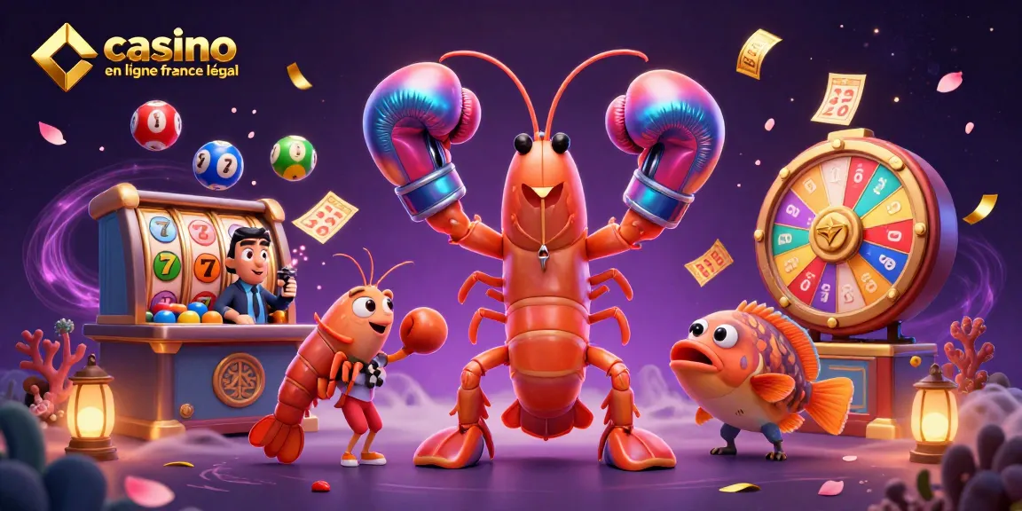 Jouer au casino en ligne légal France avec des illustrations vibrantes d'une scène animée pleine de loto et de jeux d'argent.