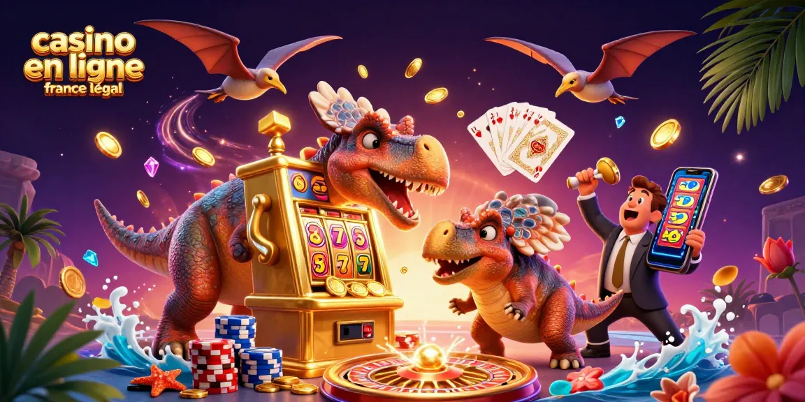 Une illustration dynamique représentant le casino en ligne France légal avec des personnages de dinosaures jouant aux machines à sous en or.