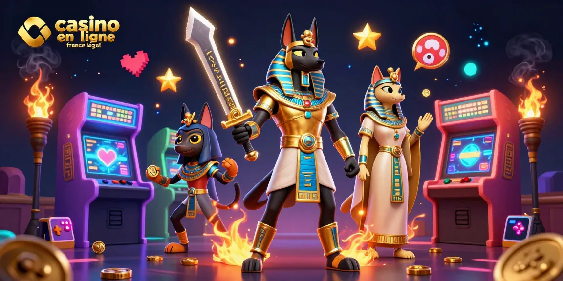 Jeux de casino en ligne légal en France, avec Anubis et Bastet entourés de machines à sous.