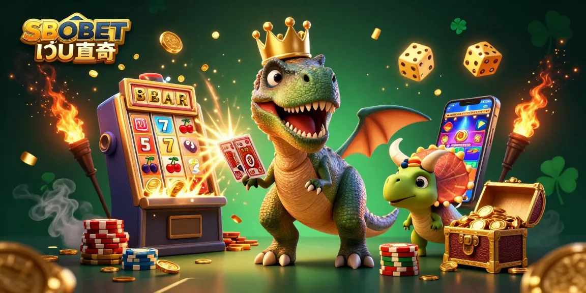 Experience the excitement of SBOBET เว็บตรง with a dynamic casino scene featuring a T-Rex and friends.