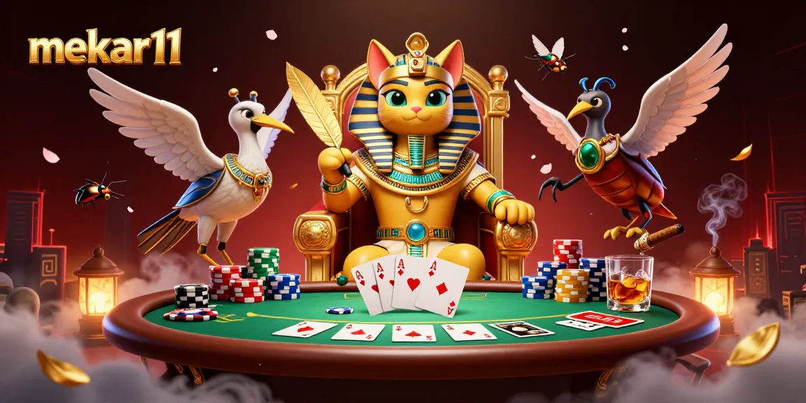 Experience intense gameplay with mekar11, featuring a vibrant casino scene with Egyptian characters and poker elements.