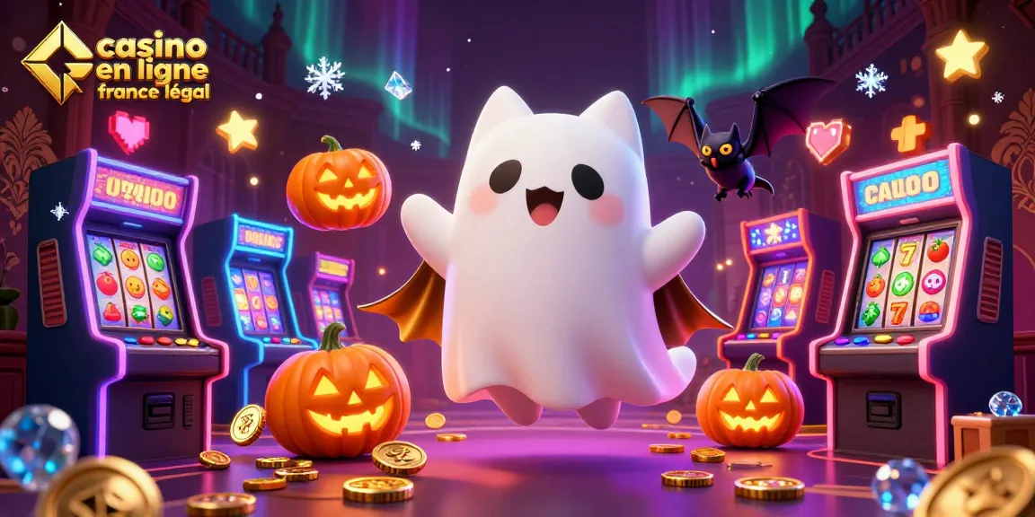 Illustration dynamique d'un casino en ligne légal en France avec un chat fantôme jouant parmi des machines à sous.