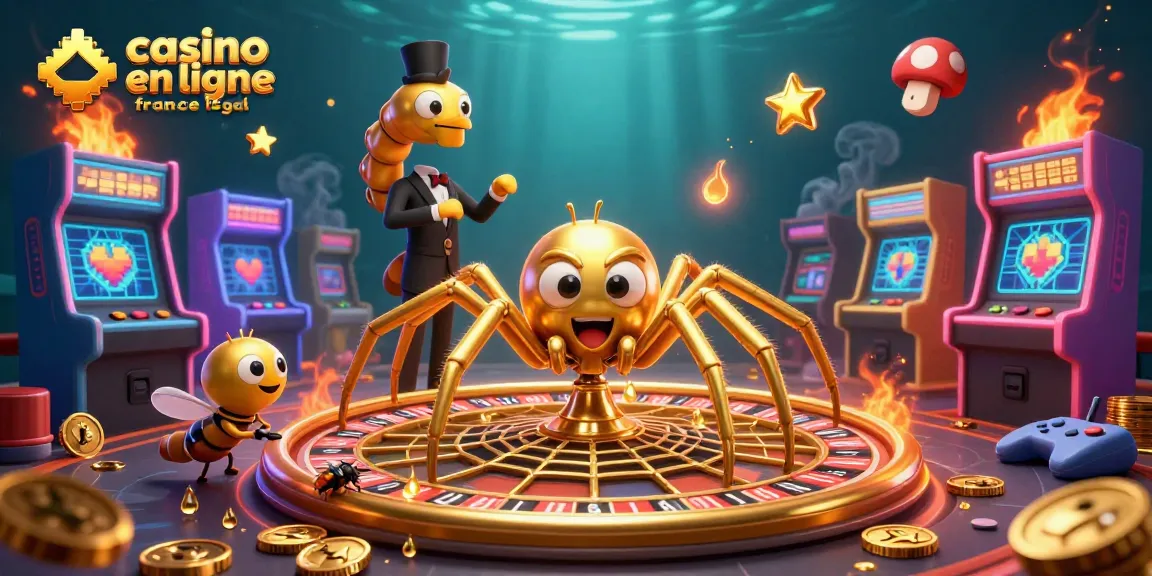 Jouez sur le casino en ligne en France légal avec une araignée dorée et un croupier mille-pattes entourés de machines à sous.