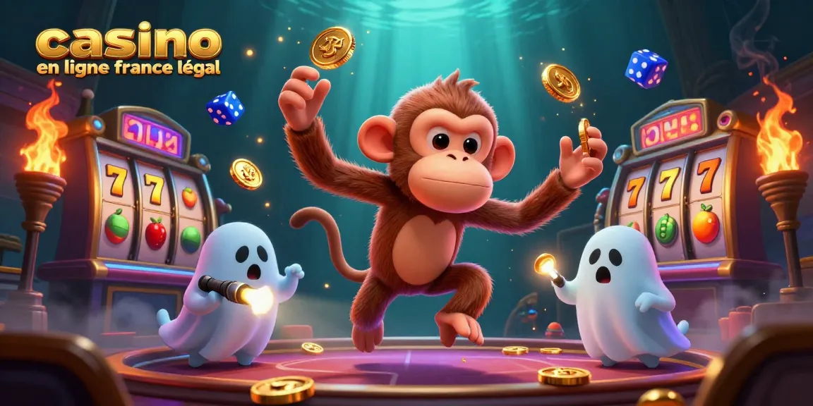 Illustration dynamique représentant un casino en ligne France légal avec un singe poltergeist jonglant des objets d'or et un chiot chasseur de fantômes.