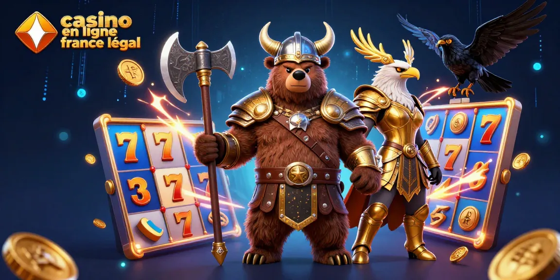 Jouez à des jeux de casino en ligne légal en France avec une illustration dynamique d'ours et d'aigle.