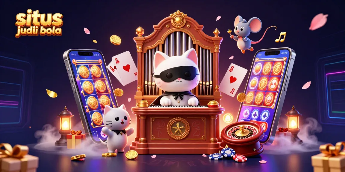 Situs judi bola featuring a cartoon white cat and mouse in a vibrant casino scene with games and decorations.