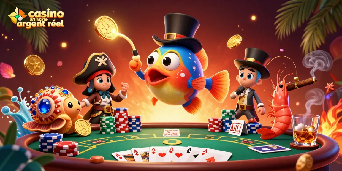 Attirez des gains avec cet anglerfish du casino en ligne argent réel entouré de jetons colorés et de cartes de poker