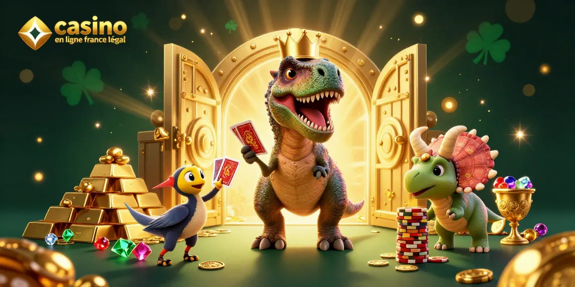 Plongez dans l'univers du casino en ligne France légal avec un T-Rex et des dinosaures jouant aux cartes.
