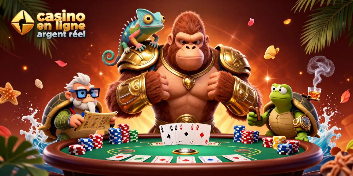 Jouez au casino en ligne argent réel avec le gorille roi et ses compagnons dans une ambiance festive.