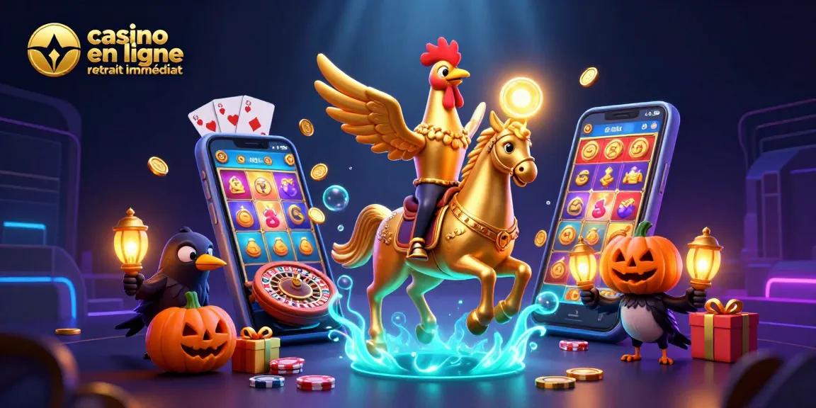 Illustration 3D de casino en ligne retrait immédiat avec un coq doré fantasque et ses compagnons dans un casino lumineux.