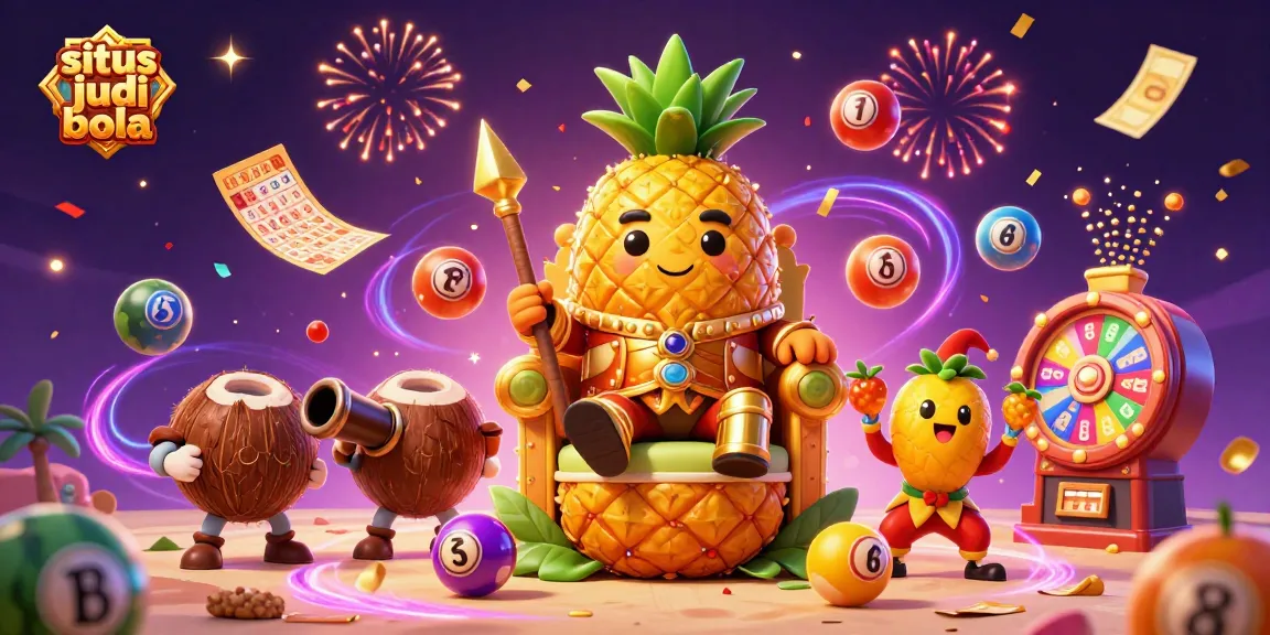 Engage in situs judi bola with a lively casino scene featuring a golden pineapple king and colorful lottery elements.