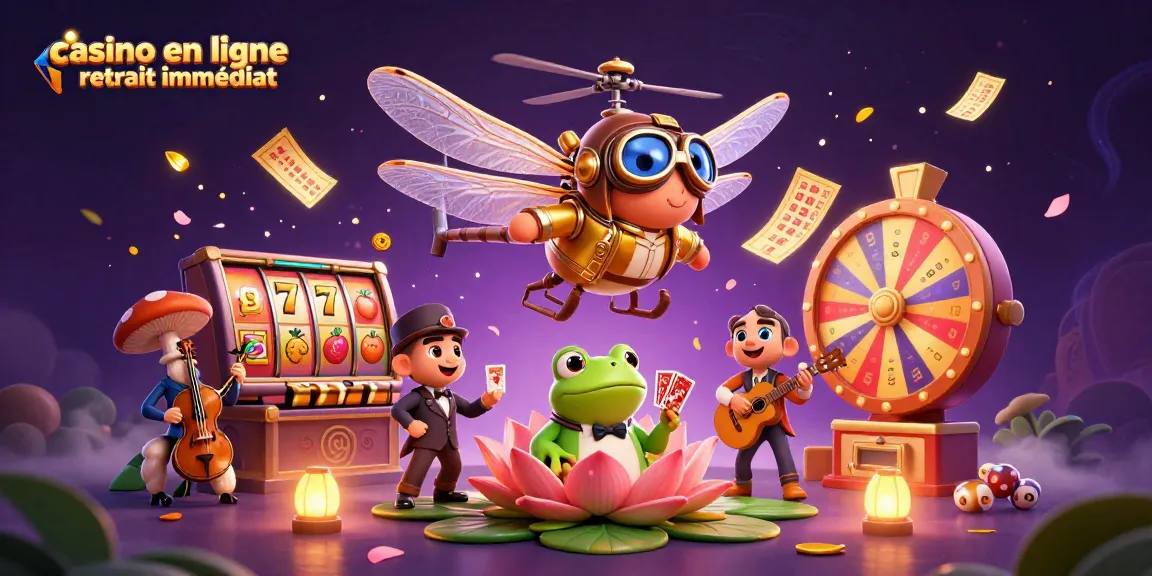 Illustration de casino en ligne retrait immédiat avec un pilote de libellule et un croupier grenouille.