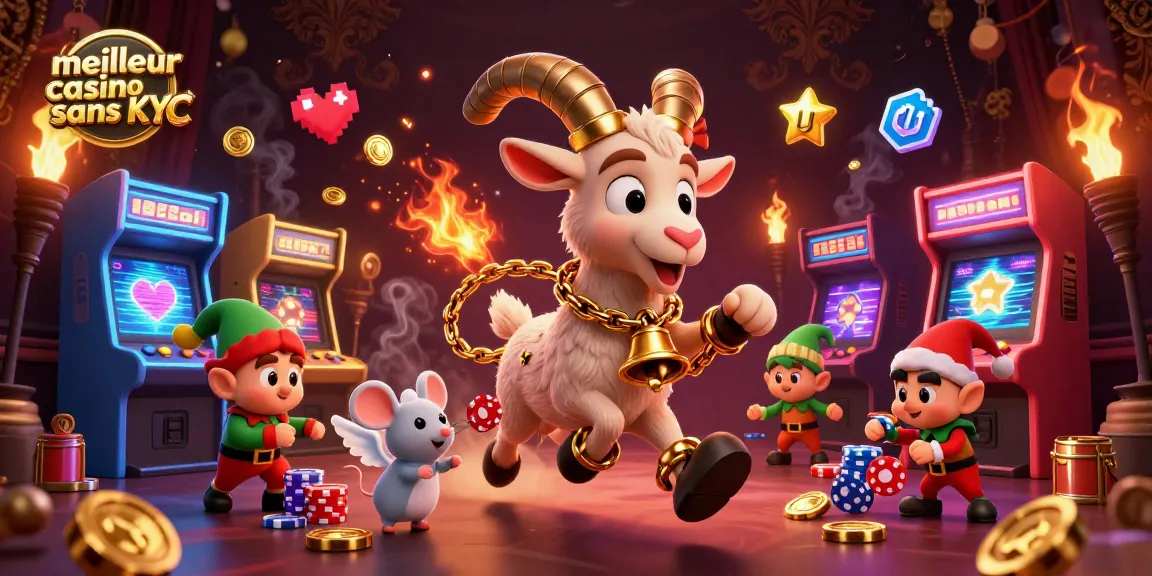 Jouez au meilleur casino sans KYC avec une scène décorée de personnages festifs et d'éléments ludiques.